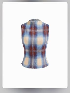 Cider Plaid Sleeveless Mock Neck Top in Blue, Cream & Brown